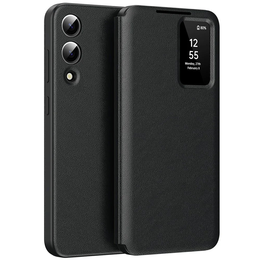 For Samsung Galaxy S25 Edge Case with Card Holder Smart View Window Leather Phone Cover - Black - 1