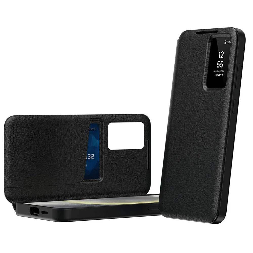 For Samsung Galaxy S25 Edge Case with Card Holder Smart View Window Leather Phone Cover - Black - 2