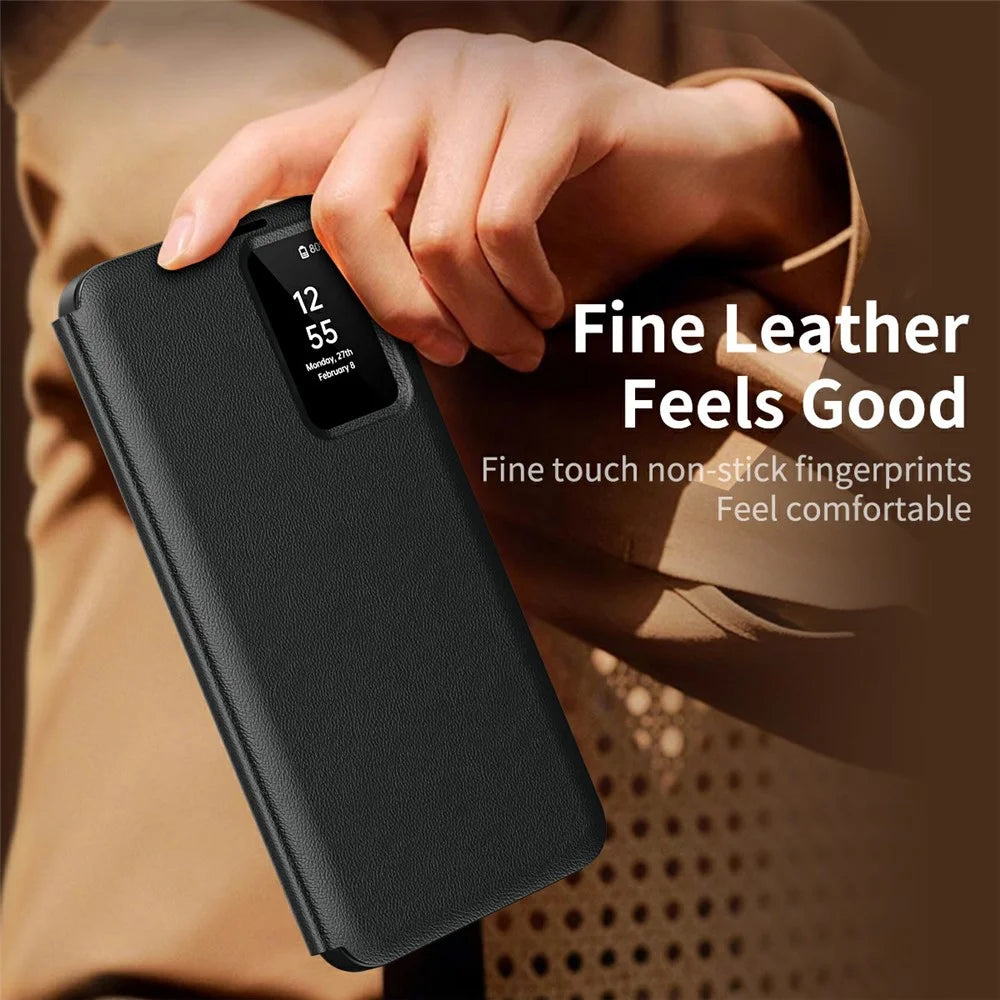 For Samsung Galaxy S25 Edge Case with Card Holder Smart View Window Leather Phone Cover - Black - 4