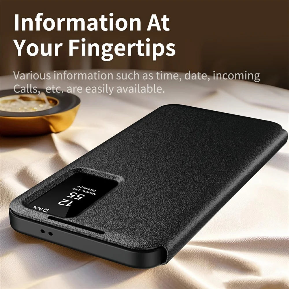 For Samsung Galaxy S25 Edge Case with Card Holder Smart View Window Leather Phone Cover - Black - 5