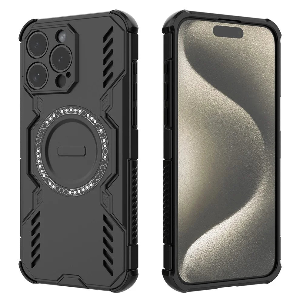 For iPhone 15 Pro Max Magnetic Case Butterfly Armor Hollow Heat Dissipation PC + TPU Phone Cover - Black - 1