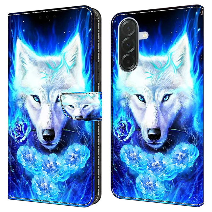 For Samsung Galaxy A56 5G Leather Case Pattern Printing Wallet Stand Flip Phone Cover - White Wolf - 1