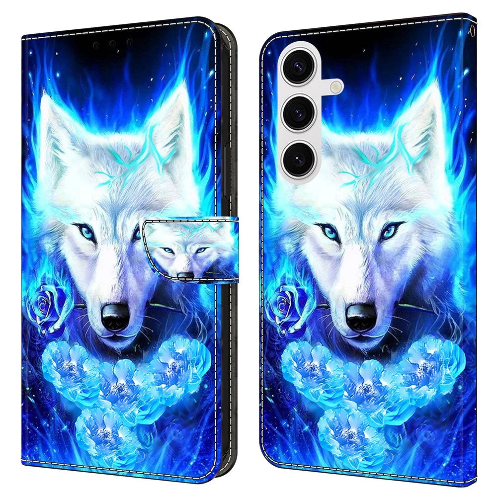 For Samsung Galaxy S25 Leather Case Pattern Printing Wallet Stand Flip Phone Cover - White Wolf - 1