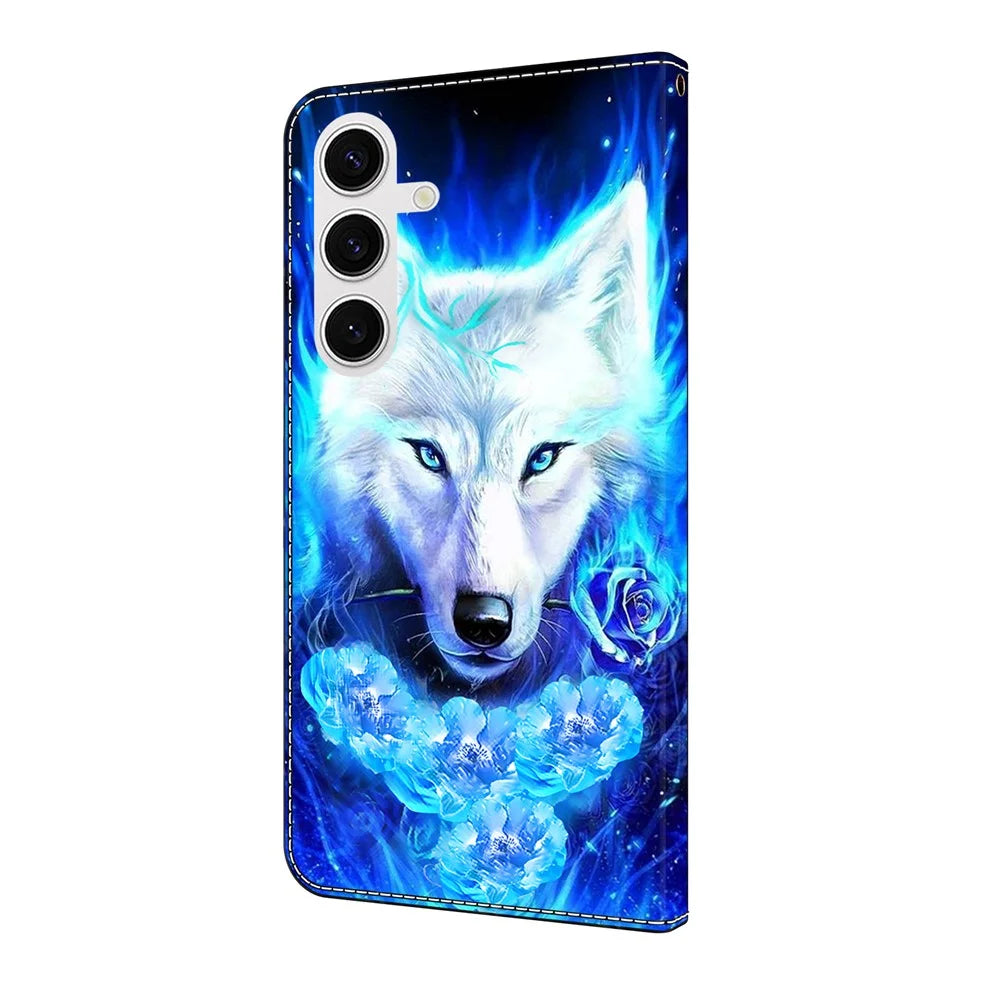 For Samsung Galaxy S25+ Leather Case Pattern Printing Wallet Stand Flip Phone Cover - White Wolf - 5