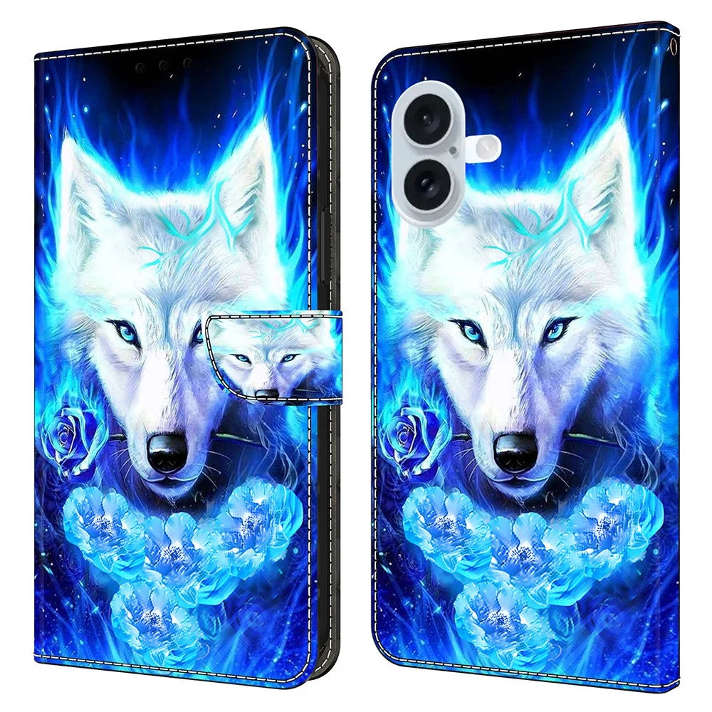 For iPhone 16 Leather Case Pattern Printing Wallet Stand Flip Phone Cover - White Wolf - 1