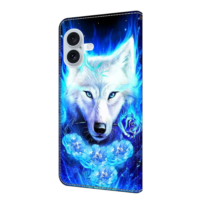 For iPhone 16 Leather Case Pattern Printing Wallet Stand Flip Phone Cover - White Wolf - 5