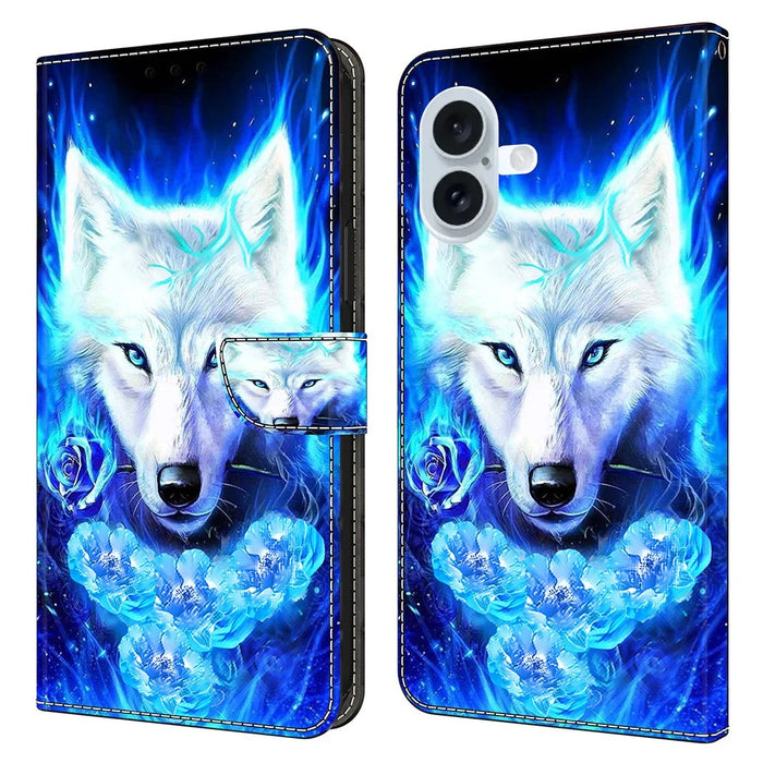 For iPhone 16 Plus Leather Case Pattern Printing Wallet Stand Flip Phone Cover - White Wolf - 1