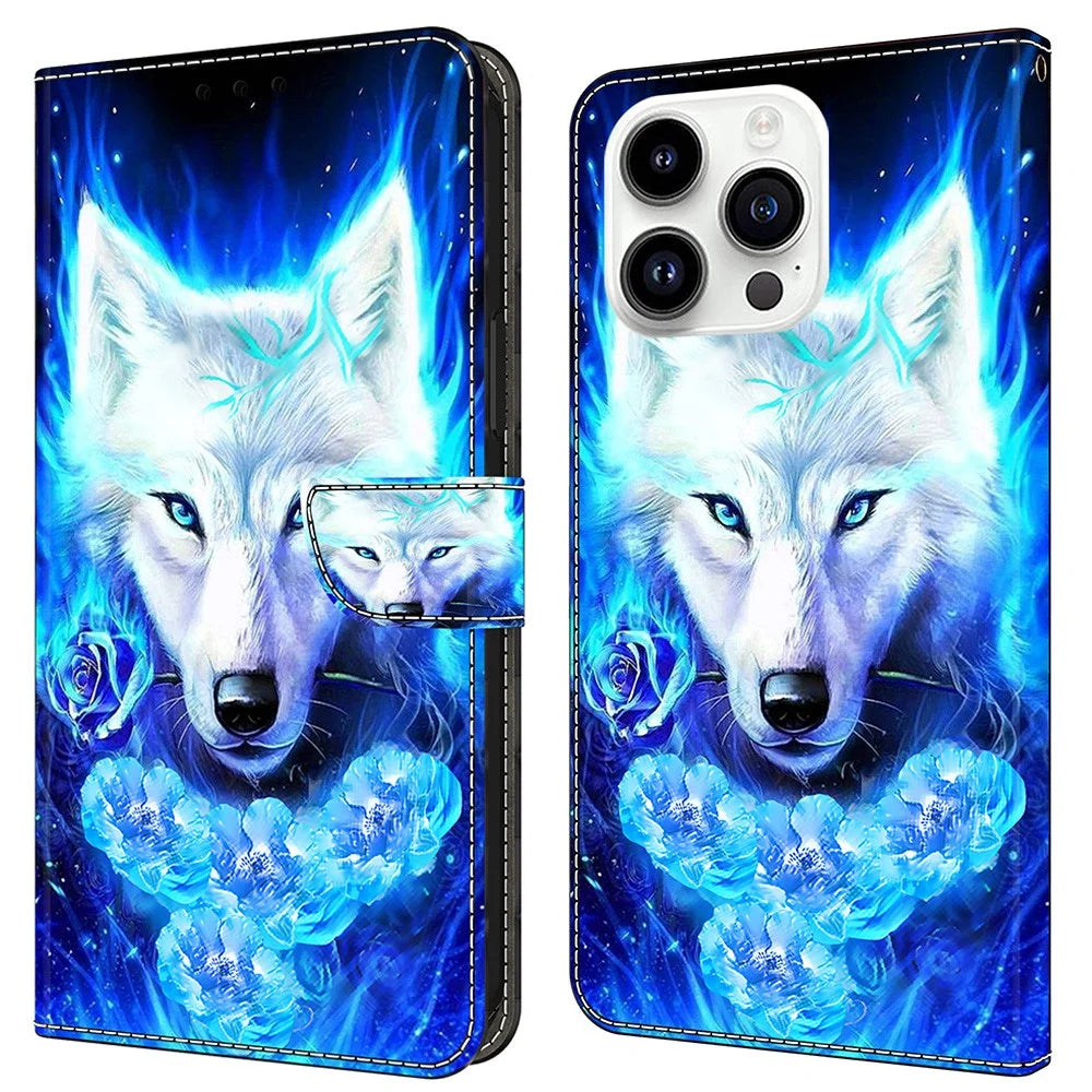 For iPhone 16 Pro Leather Case Pattern Printing Wallet Stand Flip Phone Cover - White Wolf - 1