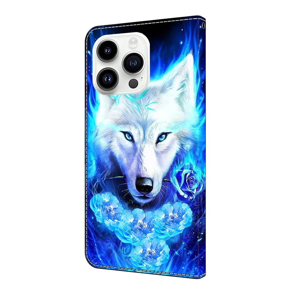 For iPhone 16 Pro Max Leather Case Pattern Printing Wallet Stand Flip Phone Cover - White Wolf - 5