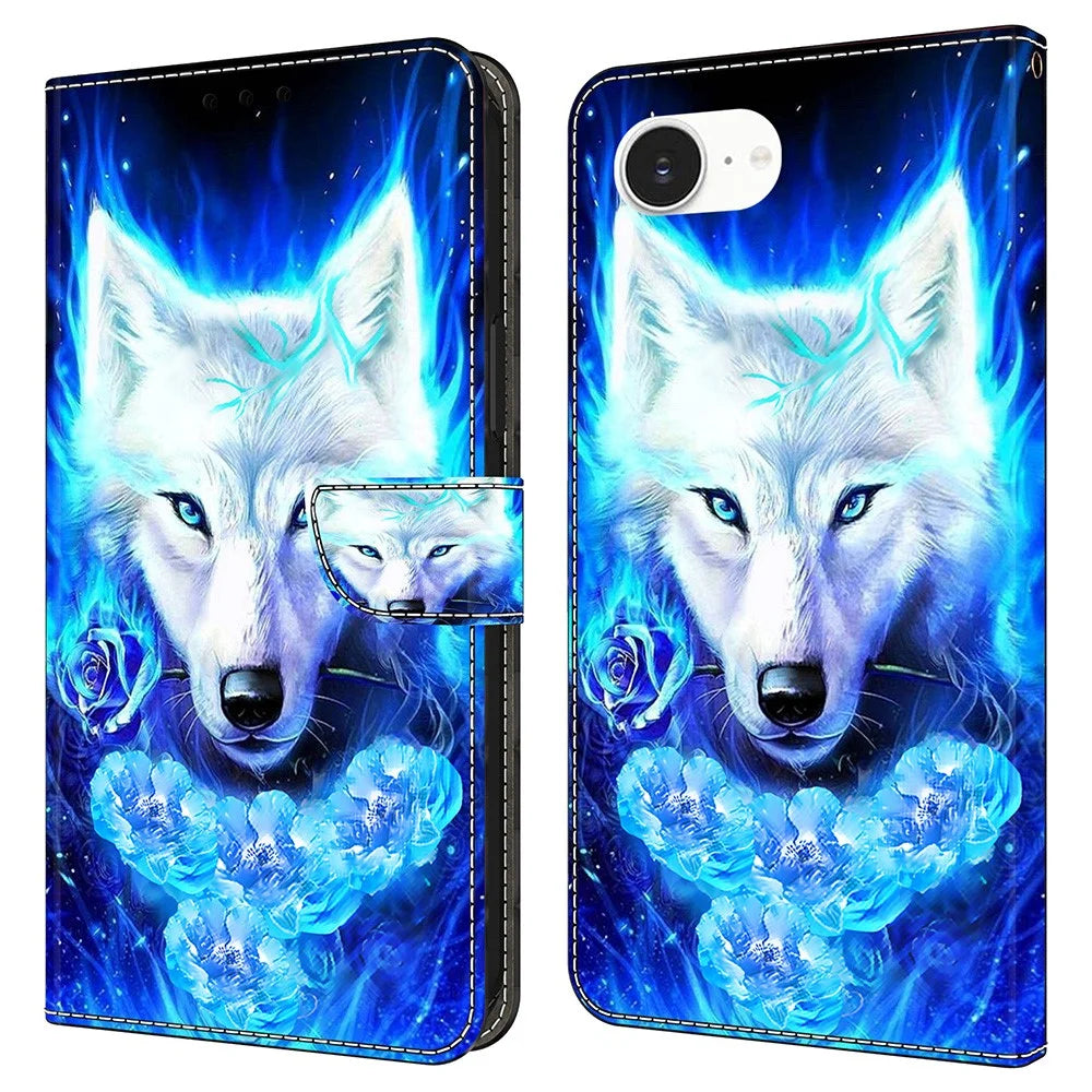 For iPhone 17e / 16e Leather Case Pattern Printing Wallet Stand Flip Phone Cover - White Wolf - 1