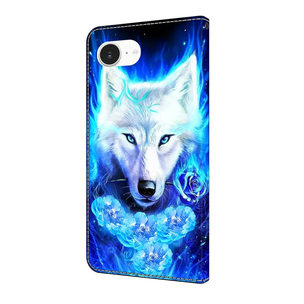 For iPhone 17e / 16e Leather Case Pattern Printing Wallet Stand Flip Phone Cover - White Wolf - 5