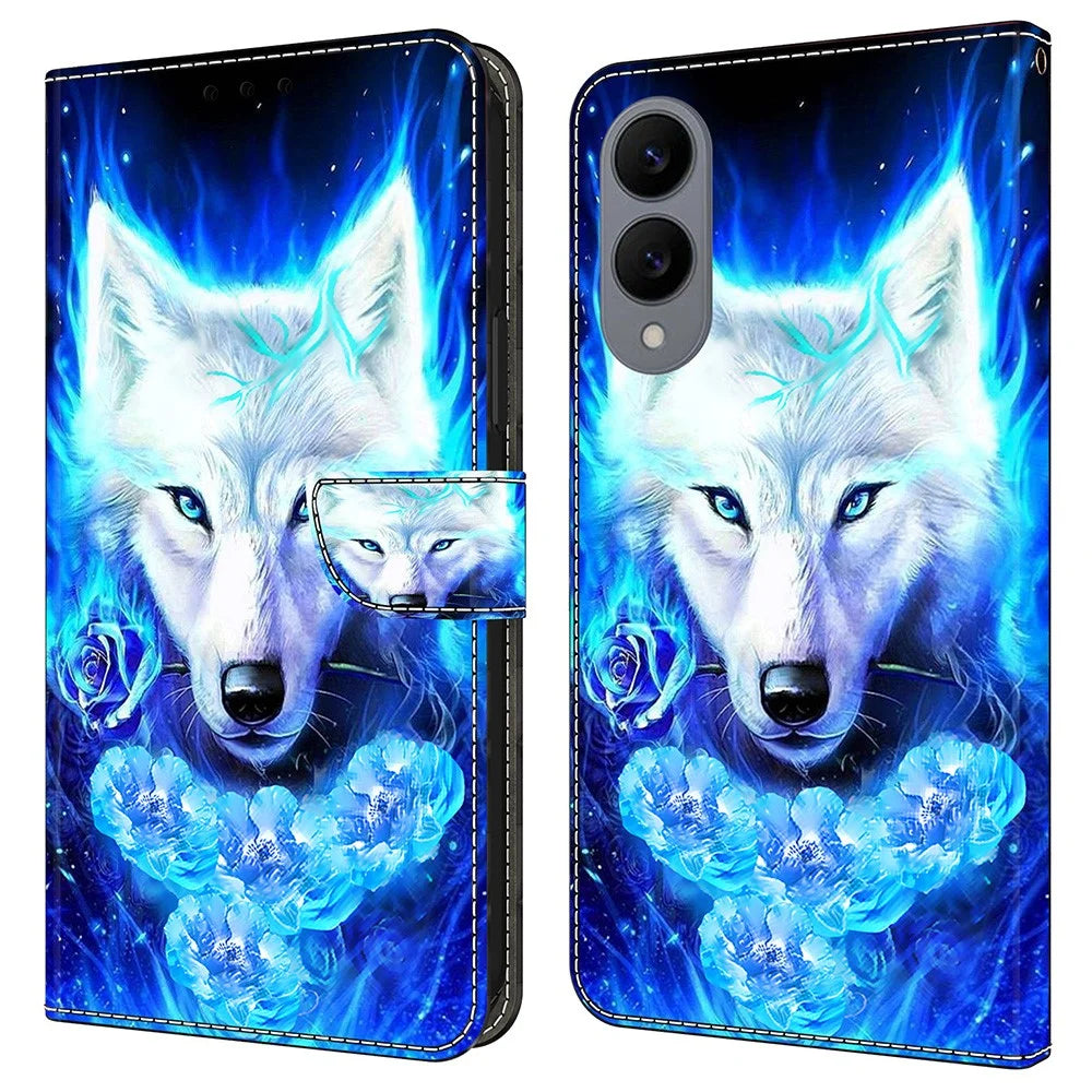 For Samsung Galaxy S25 Edge Leather Case Pattern Printing Wallet Stand Flip Phone Cover - White Wolf - 1