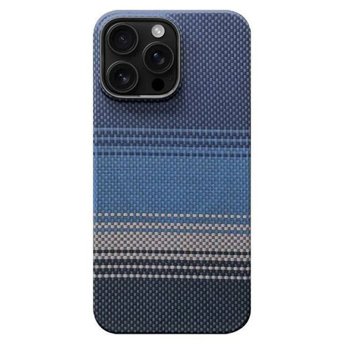 For iPhone 16 Pro Case Gradient Aramid Fiber Magnetic Phone Cover with Metal Lens Frame - Blue Floating Weave - 1