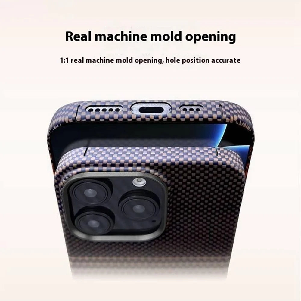 For iPhone 16 Pro Case Gradient Aramid Fiber Magnetic Phone Cover with Metal Lens Frame - Blue Floating Weave - 4