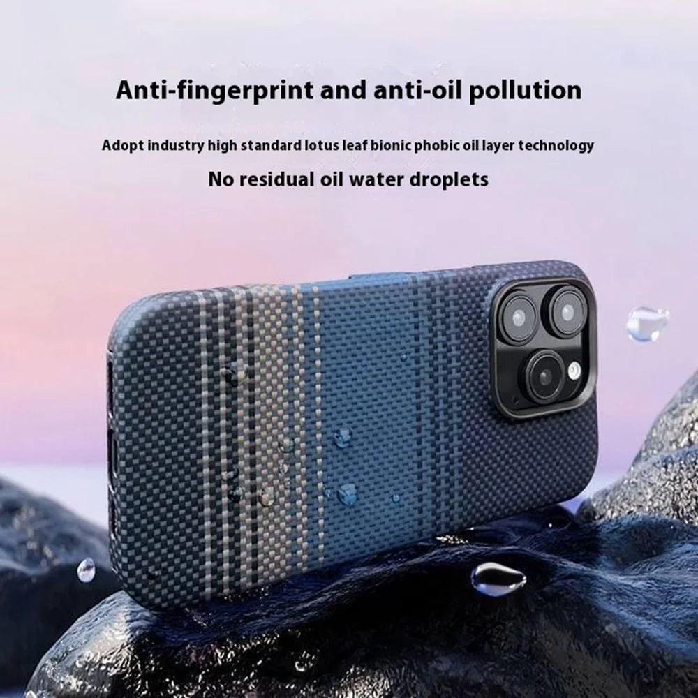 For iPhone 15 Pro Max Case Gradient Aramid Fiber Magnetic Phone Cover with Metal Lens Frame - Blue Floating Weave - 2