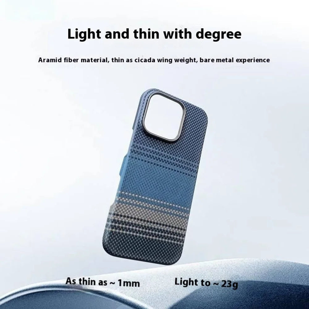 For iPhone 15 Pro Max Case Gradient Aramid Fiber Magnetic Phone Cover with Metal Lens Frame - Blue Floating Weave - 3