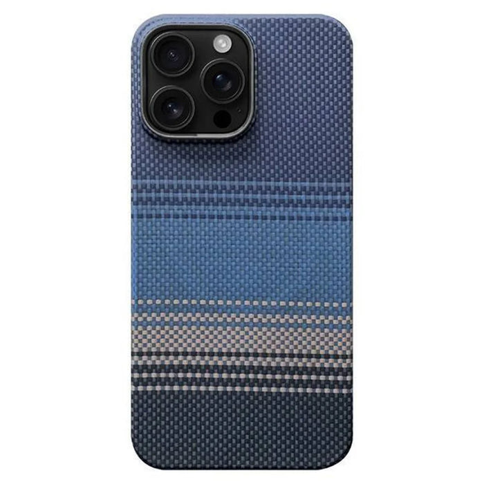 For iPhone 15 Pro Case Gradient Aramid Fiber Magnetic Phone Cover with Metal Lens Frame - Blue Floating Weave - 1