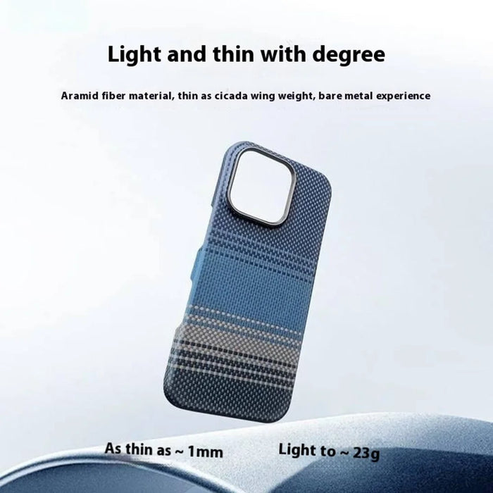 For iPhone 15 Pro Case Gradient Aramid Fiber Magnetic Phone Cover with Metal Lens Frame - Blue Floating Weave - 3