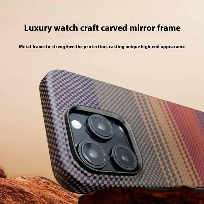 For iPhone 15 Pro Case Gradient Aramid Fiber Magnetic Phone Cover with Metal Lens Frame - Blue Floating Weave - 7