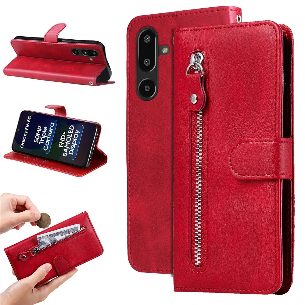 For Samsung Galaxy F16 5G / Galaxy M16 5G PU Leather Cases with Zipper Pocket Wallet Phone Cover Stand - Red - 2