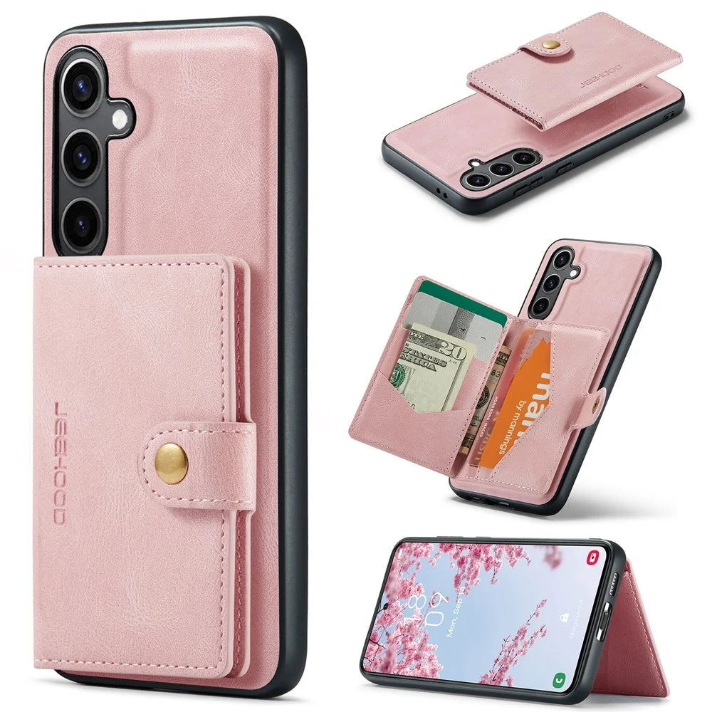 JEEHOOD For Samsung Galaxy S25 Case  J01 Retro Leather Phone Back Cover with Detachable Magnetic Card Holder - Pink - 1