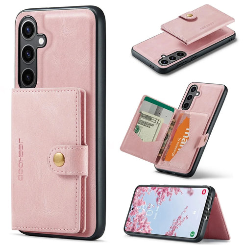 JEEHOOD For Samsung Galaxy S25 Case  J01 Retro Leather Phone Back Cover with Detachable Magnetic Card Holder - Pink - 1