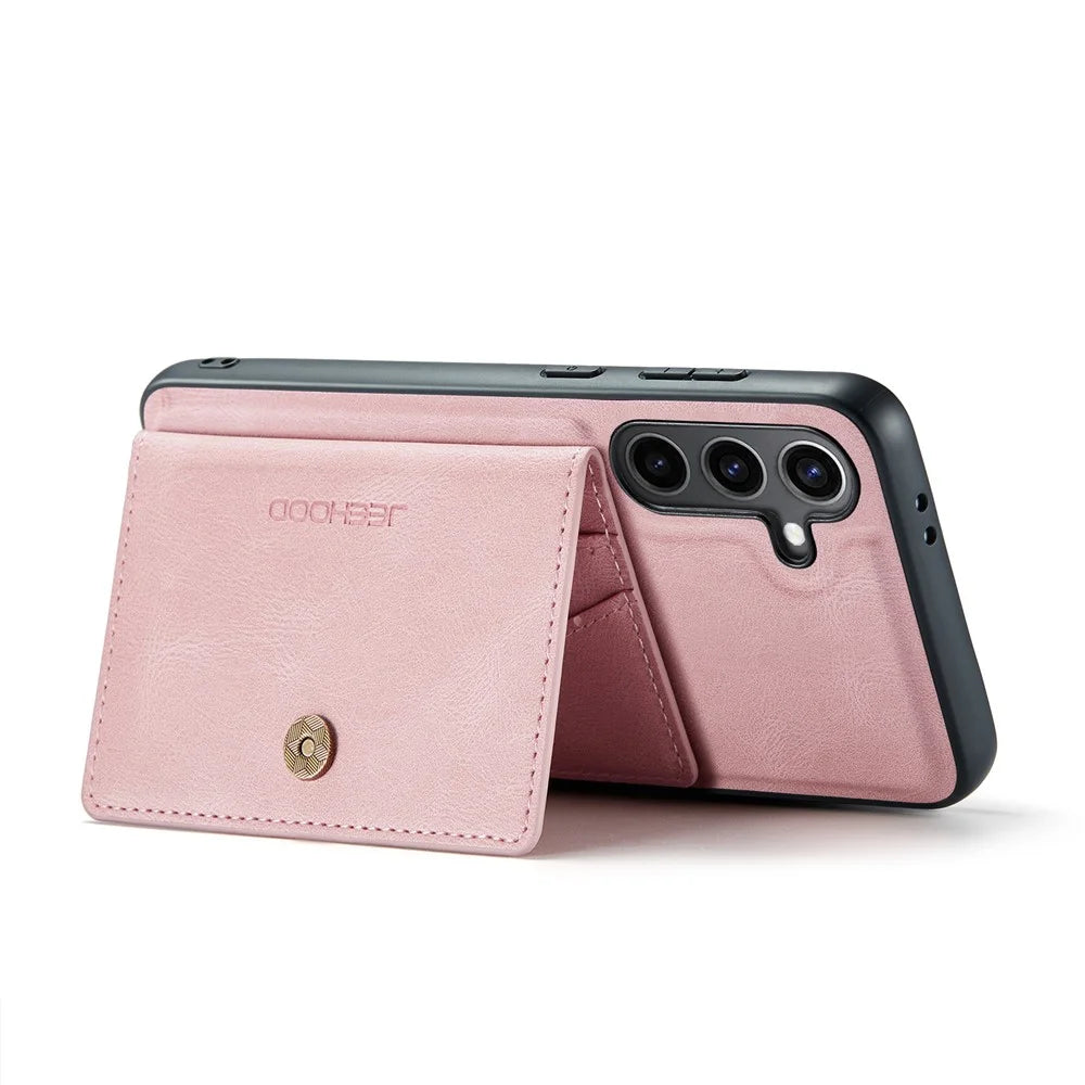 JEEHOOD For Samsung Galaxy S25 Case  J01 Retro Leather Phone Back Cover with Detachable Magnetic Card Holder - Pink - 3