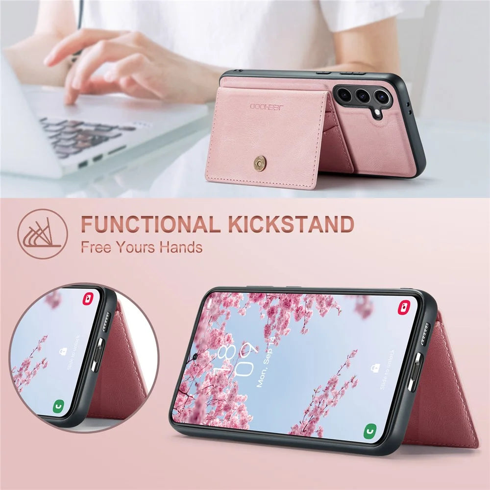 JEEHOOD For Samsung Galaxy S25 Case  J01 Retro Leather Phone Back Cover with Detachable Magnetic Card Holder - Pink - 6