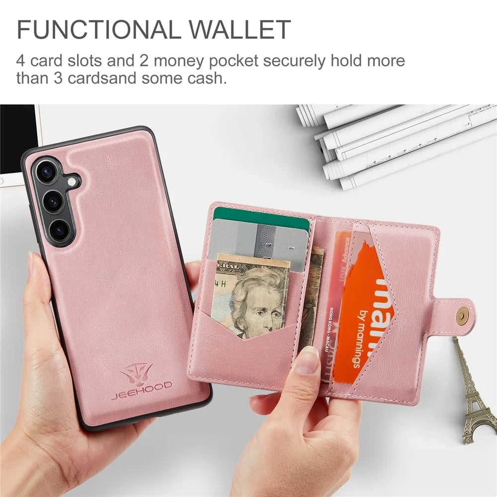 JEEHOOD For Samsung Galaxy S25+ Case  J01 Retro Leather Phone Back Cover with Detachable Magnetic Card Holder - Pink - 5