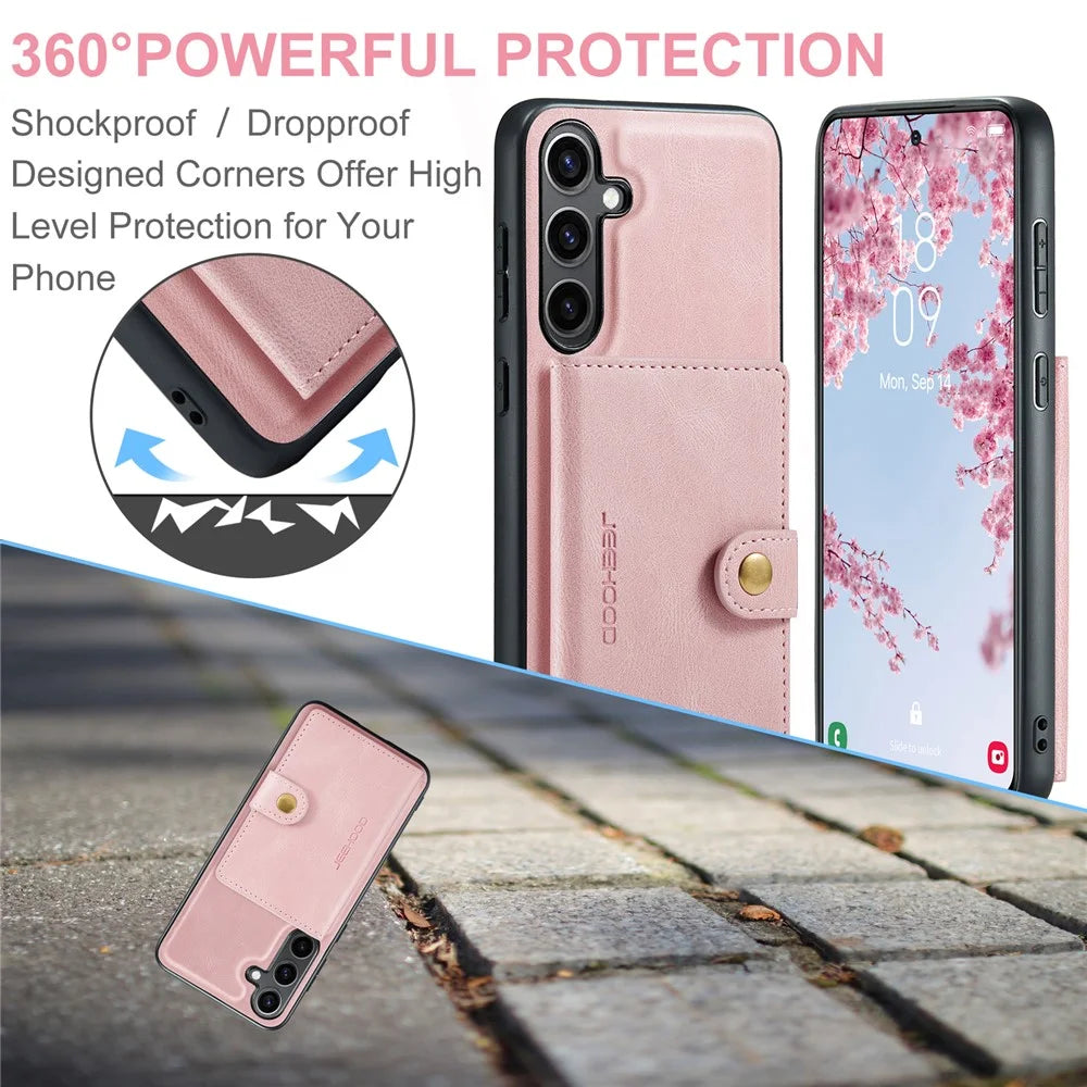 JEEHOOD For Samsung Galaxy S25+ Case  J01 Retro Leather Phone Back Cover with Detachable Magnetic Card Holder - Pink - 7