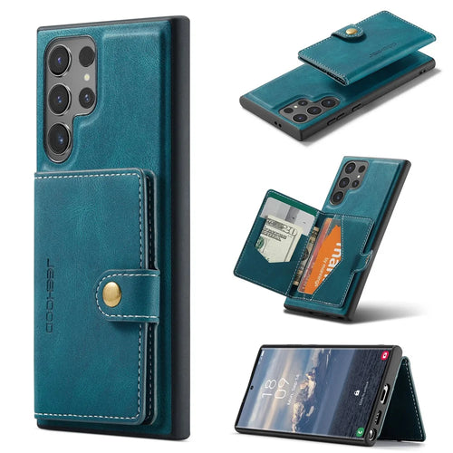 JEEHOOD For Samsung Galaxy S25 Ultra Case  J01 Retro Leather Phone Back Cover with Detachable Magnetic Card Holder - Blue - 1