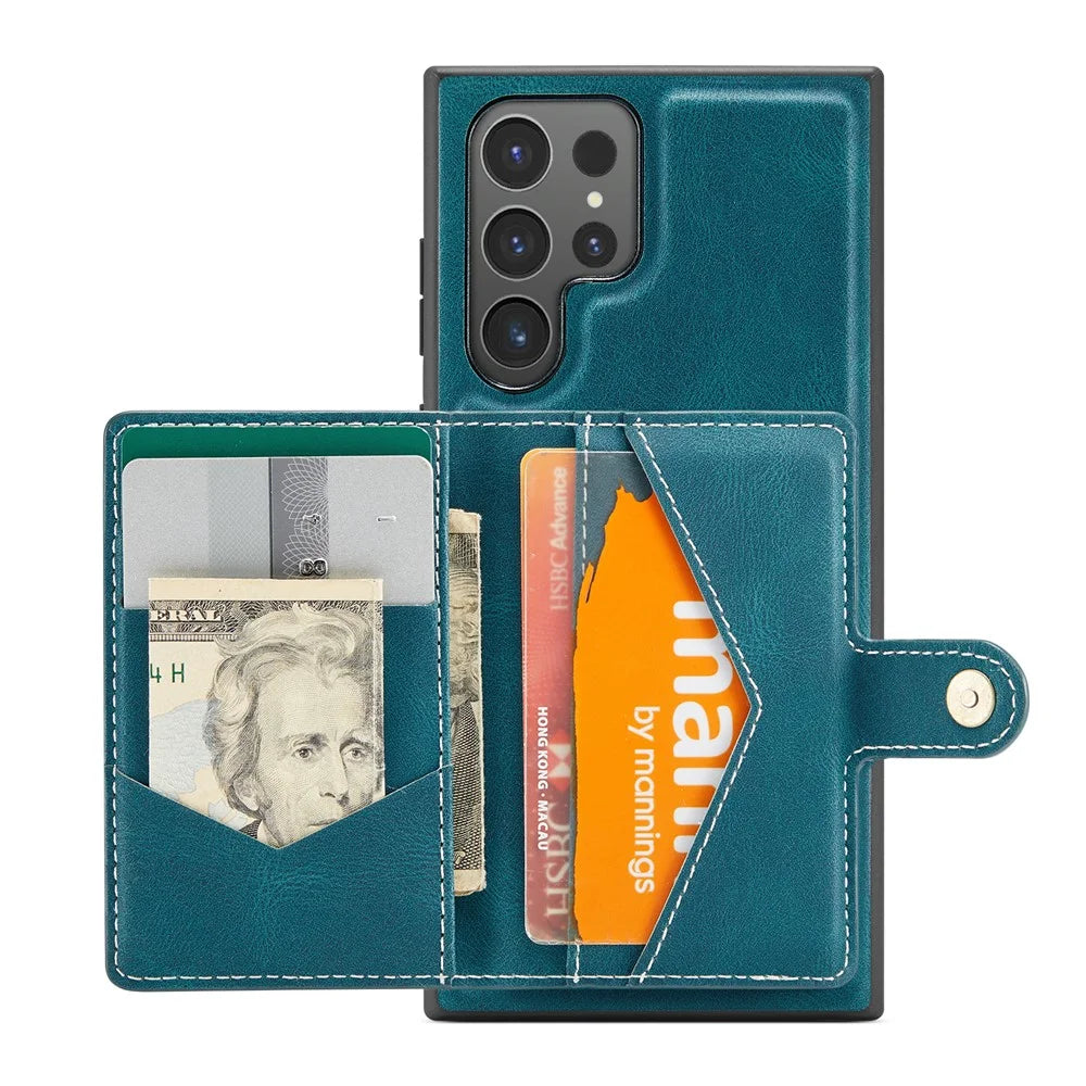 JEEHOOD For Samsung Galaxy S25 Ultra Case  J01 Retro Leather Phone Back Cover with Detachable Magnetic Card Holder - Blue - 2