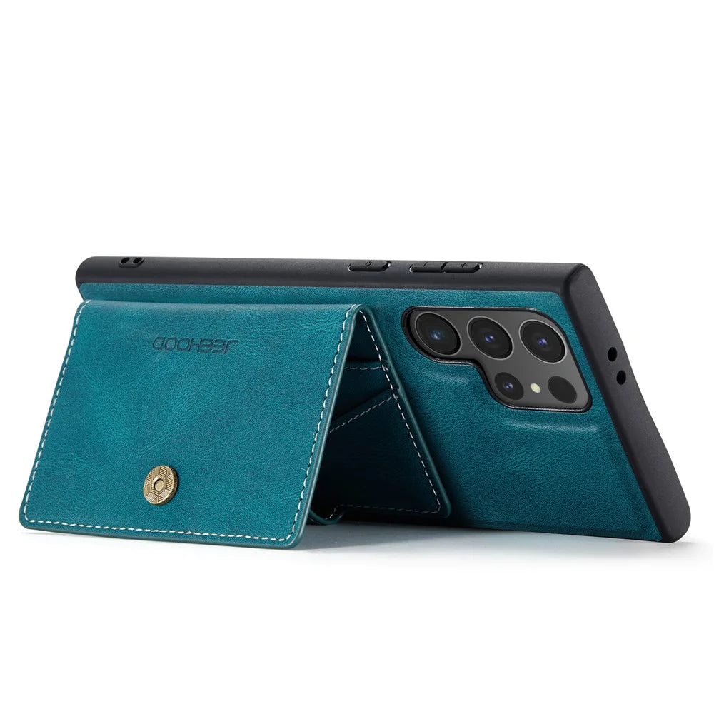 JEEHOOD For Samsung Galaxy S25 Ultra Case  J01 Retro Leather Phone Back Cover with Detachable Magnetic Card Holder - Blue - 3