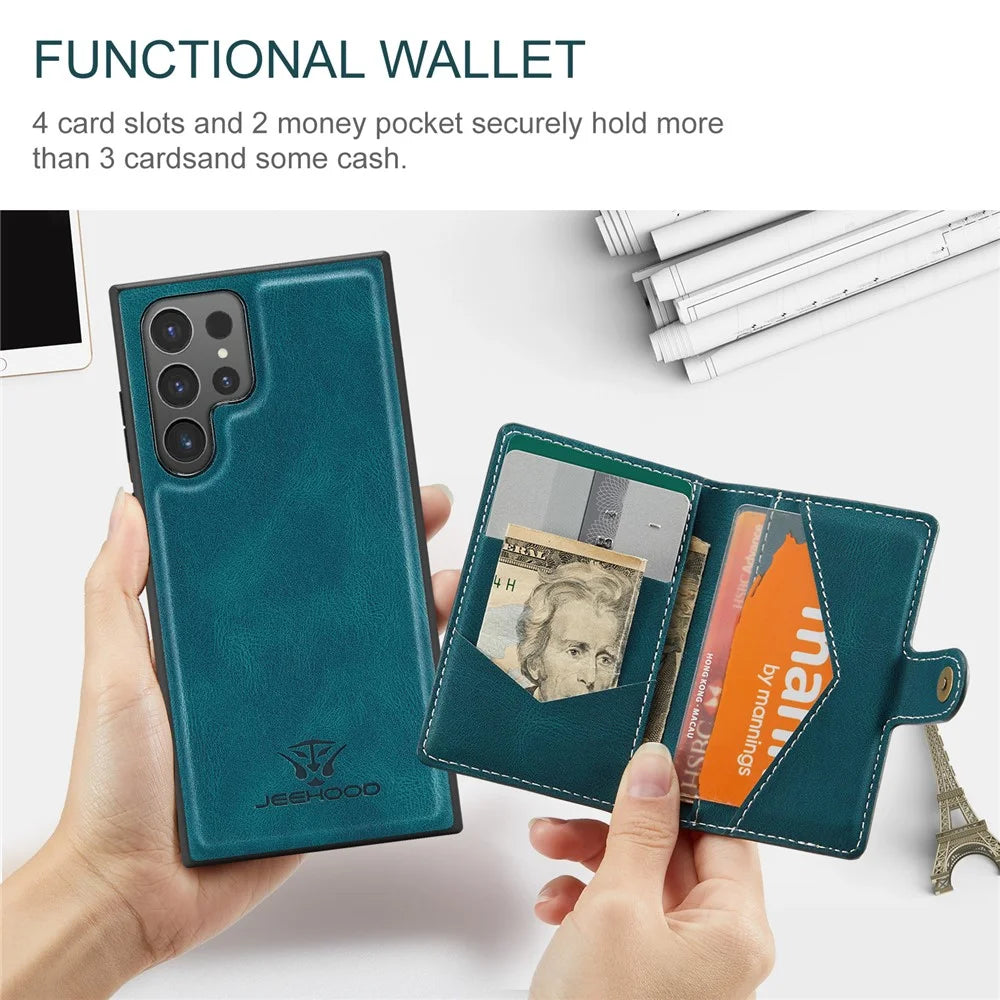 JEEHOOD For Samsung Galaxy S25 Ultra Case  J01 Retro Leather Phone Back Cover with Detachable Magnetic Card Holder - Blue - 5