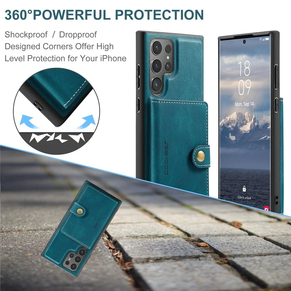 JEEHOOD For Samsung Galaxy S25 Ultra Case  J01 Retro Leather Phone Back Cover with Detachable Magnetic Card Holder - Blue - 7