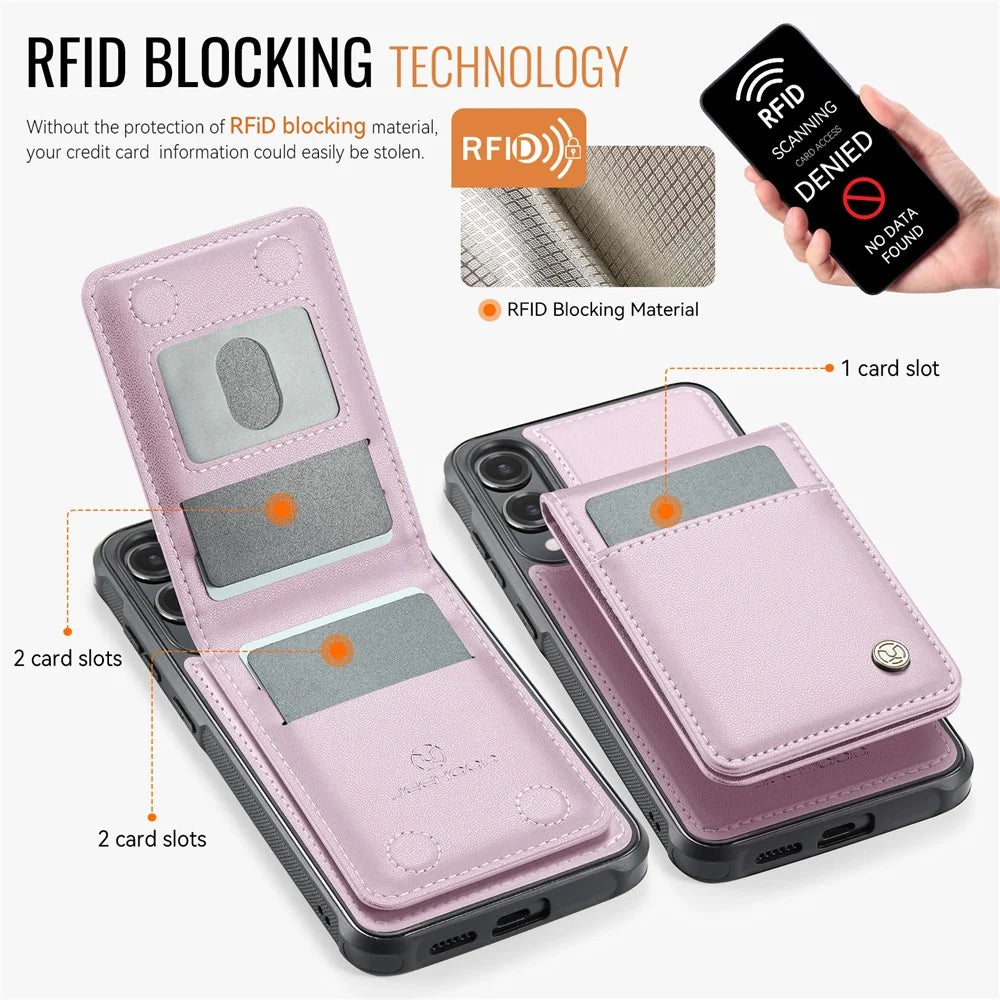 JEEHOOD For Samsung Galaxy S25 Edge Leather Back Cover Magnetic Case  J06 Phone Case with Card Bag RFID Blocking - Pink - 3