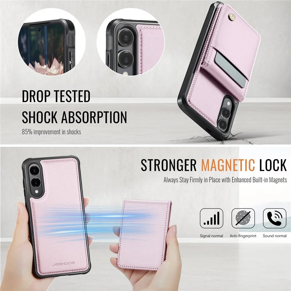 JEEHOOD For Samsung Galaxy S25 Edge Leather Back Cover Magnetic Case  J06 Phone Case with Card Bag RFID Blocking - Pink - 5