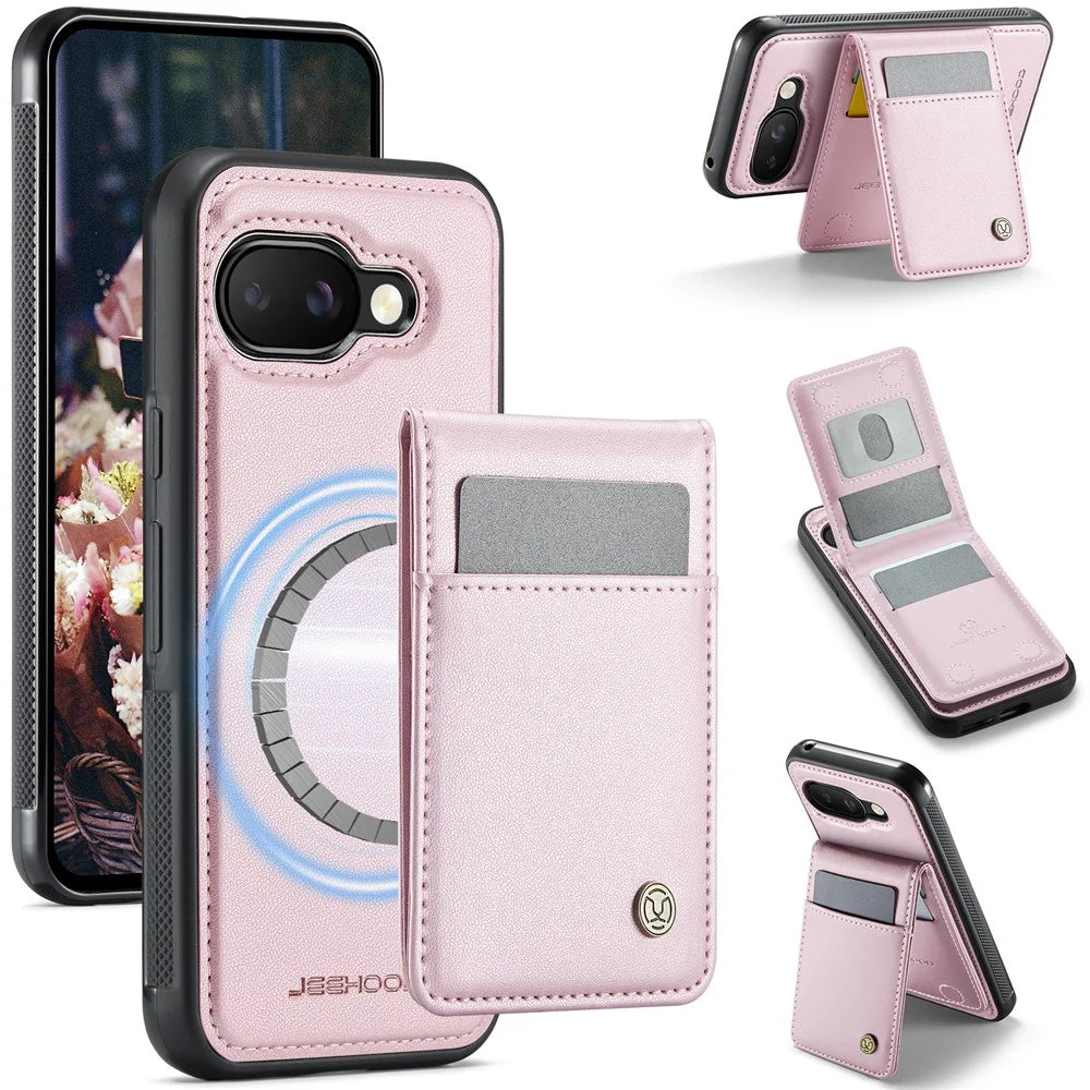 JEEHOOD For Google Pixel 9a Leather Back Cover Magnetic Case  J06 Phone Case with Card Bag RFID Blocking - Pink - 1