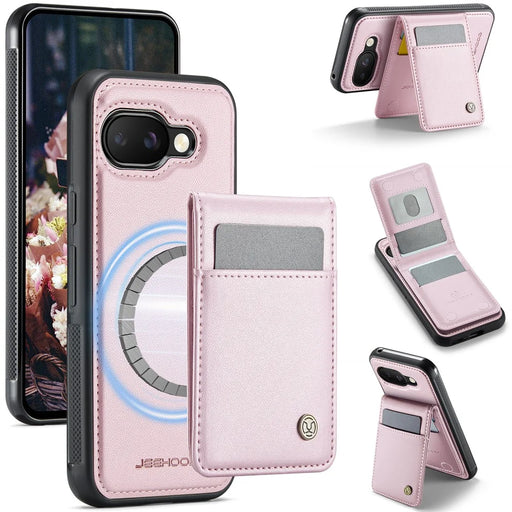 JEEHOOD For Google Pixel 9a Leather Back Cover Magnetic Case  J06 Phone Case with Card Bag RFID Blocking - Pink - 1