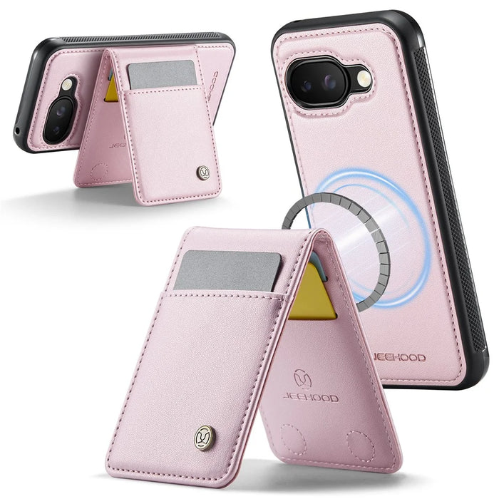 JEEHOOD For Google Pixel 9a Leather Back Cover Magnetic Case  J06 Phone Case with Card Bag RFID Blocking - Pink - 2