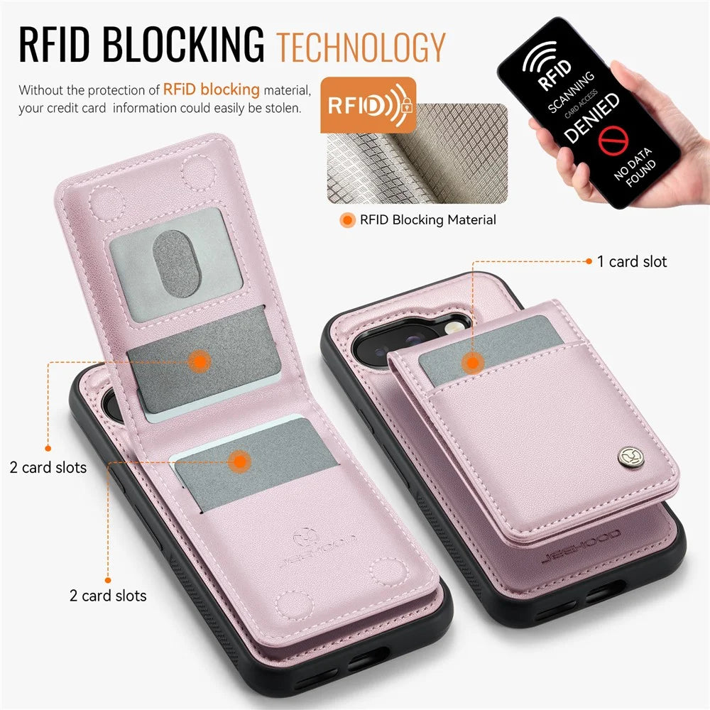 JEEHOOD For Google Pixel 9a Leather Back Cover Magnetic Case  J06 Phone Case with Card Bag RFID Blocking - Pink - 3