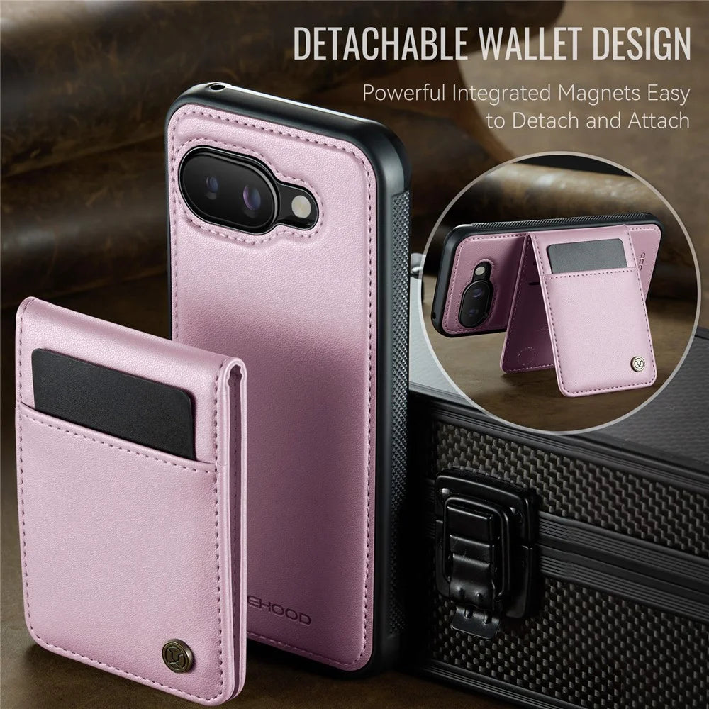 JEEHOOD For Google Pixel 9a Leather Back Cover Magnetic Case  J06 Phone Case with Card Bag RFID Blocking - Pink - 4