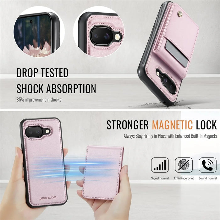 JEEHOOD For Google Pixel 9a Leather Back Cover Magnetic Case  J06 Phone Case with Card Bag RFID Blocking - Pink - 5