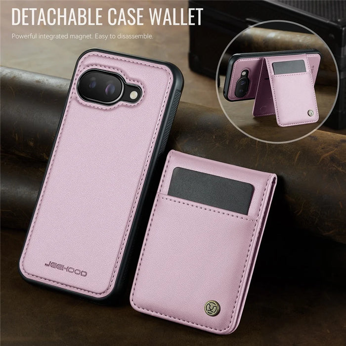 JEEHOOD For Google Pixel 9a Leather Back Cover Magnetic Case  J06 Phone Case with Card Bag RFID Blocking - Pink - 7
