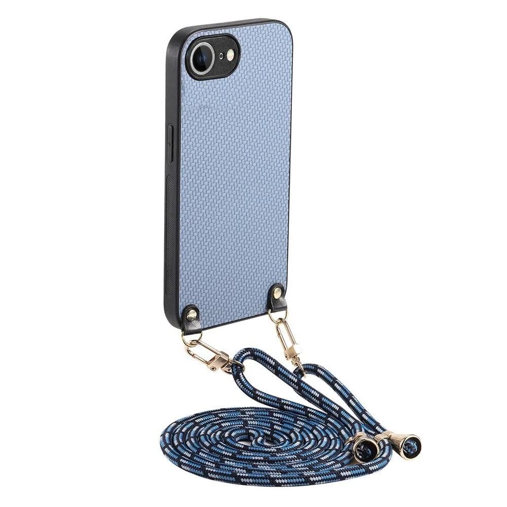 For iPhone 17e / 16e Case Carbon Fiber Texture PU + PC + TPU Anti Drop Phone Cover with Crossbody Lanyard - Blue - 1