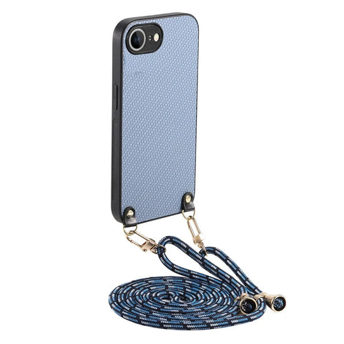 For iPhone 17e / 16e Case Carbon Fiber Texture PU + PC + TPU Anti Drop Phone Cover with Crossbody Lanyard - Blue - 1
