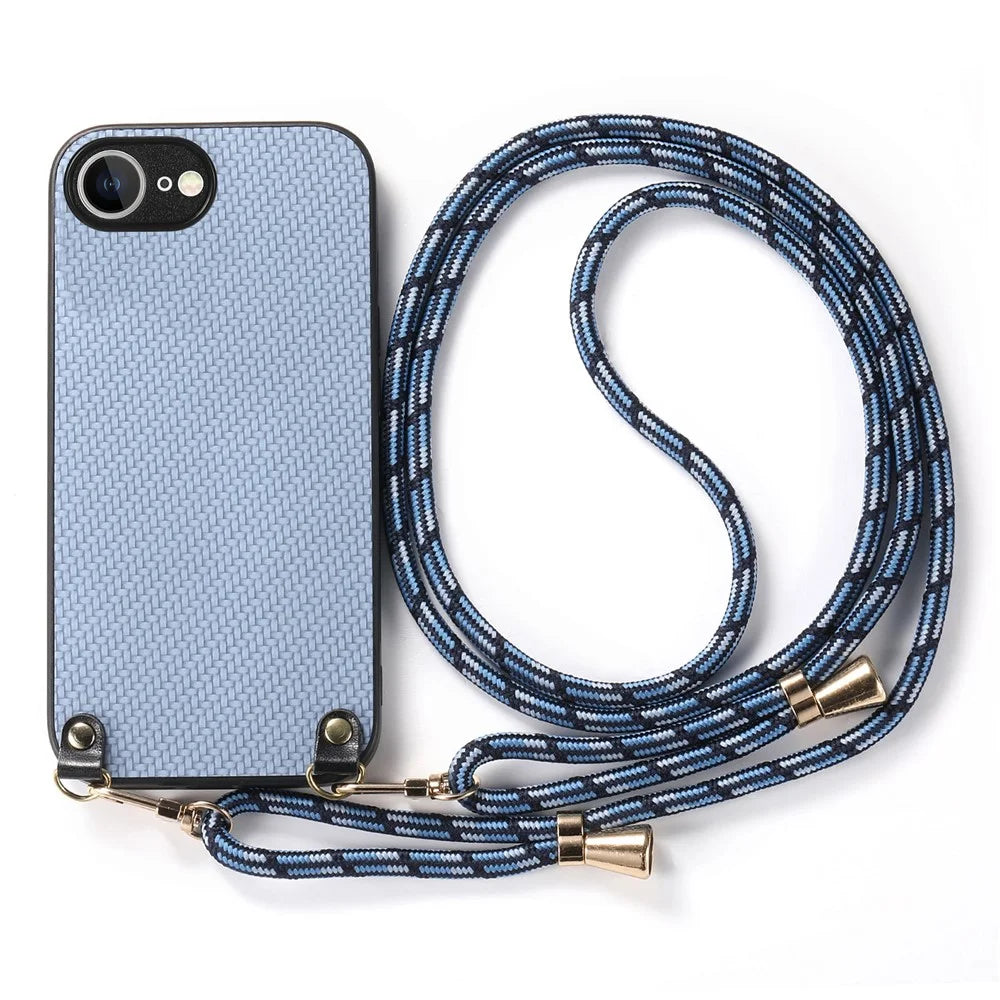 For iPhone 17e / 16e Case Carbon Fiber Texture PU + PC + TPU Anti Drop Phone Cover with Crossbody Lanyard - Blue - 2