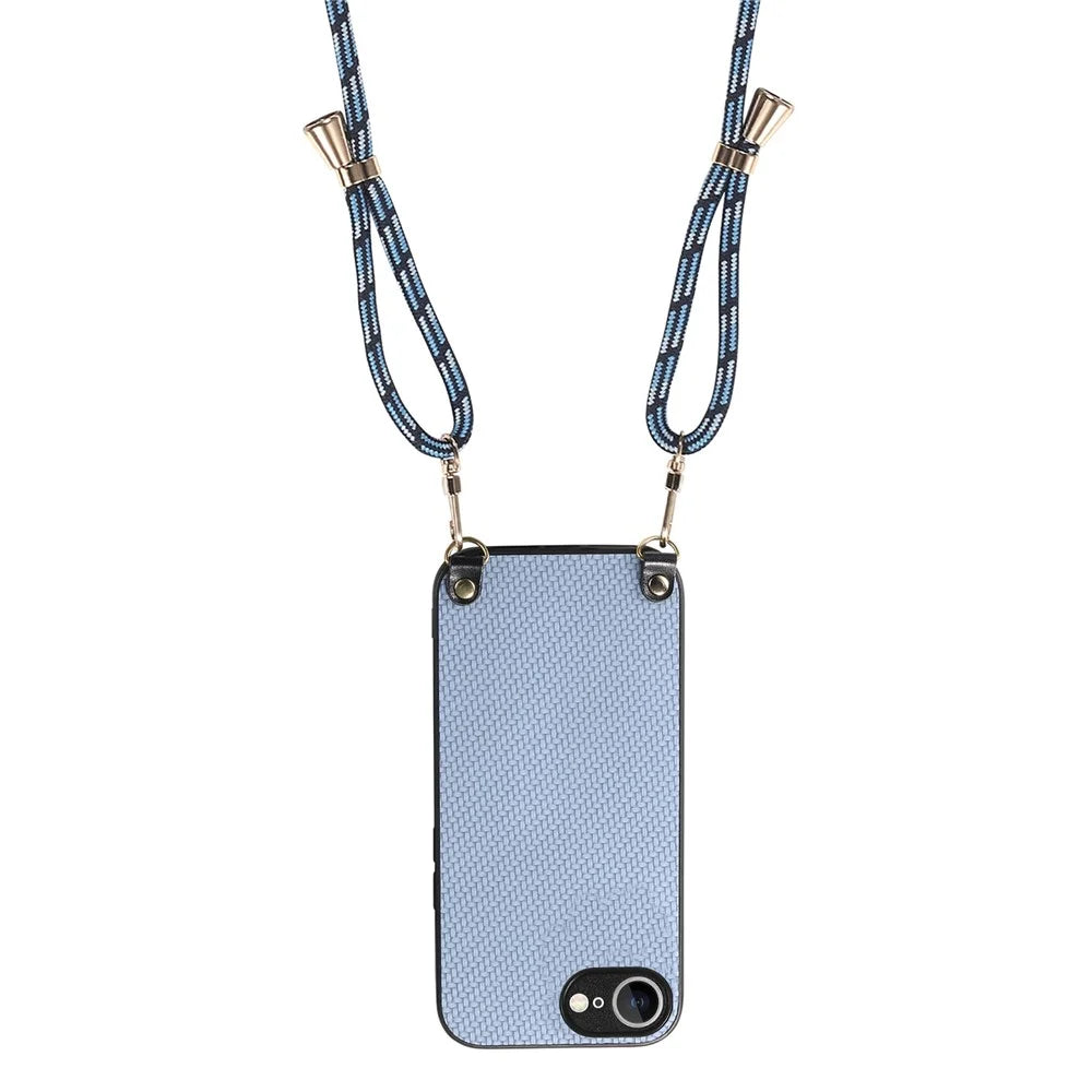 For iPhone 17e / 16e Case Carbon Fiber Texture PU + PC + TPU Anti Drop Phone Cover with Crossbody Lanyard - Blue - 3
