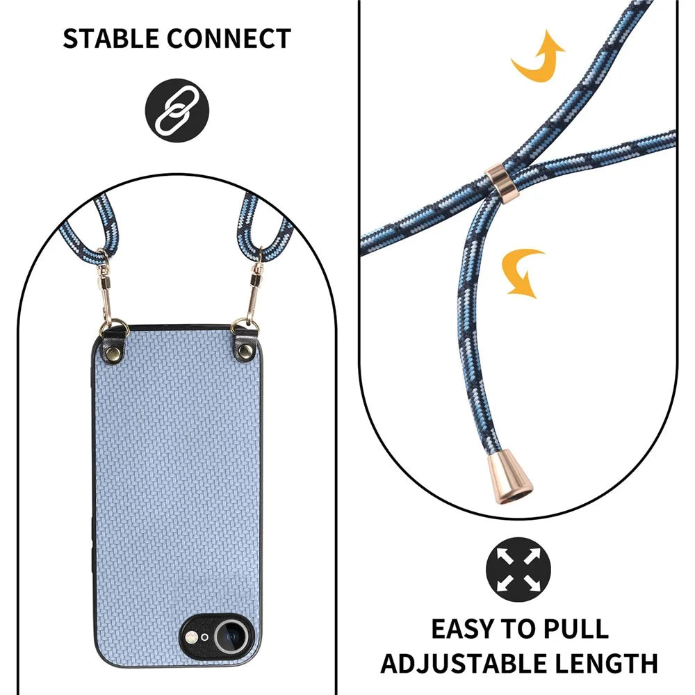 For iPhone 17e / 16e Case Carbon Fiber Texture PU + PC + TPU Anti Drop Phone Cover with Crossbody Lanyard - Blue - 4