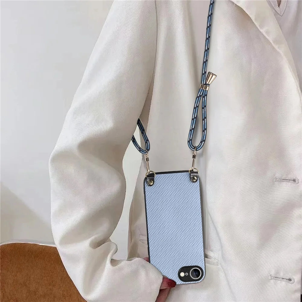 For iPhone 17e / 16e Case Carbon Fiber Texture PU + PC + TPU Anti Drop Phone Cover with Crossbody Lanyard - Blue - 5